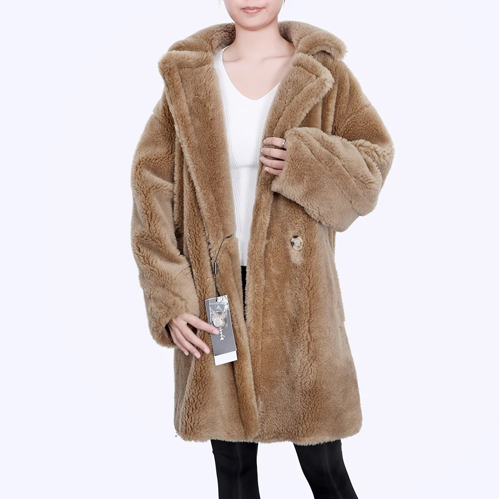 2020 moda mujer abrigos y chaquetas de invierno de lana natural de oveja mitad de la longitud de la capa se mantiene caliente y suelto 1