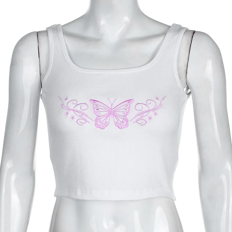 ESTACIONES de Bordado de Mariposa de la Mujer camisetas, Camisetas de Verano Sleevless Casual Crop Top Damas de Blanco de la Moda Mini Chaleco 2020 ASVE80725 1