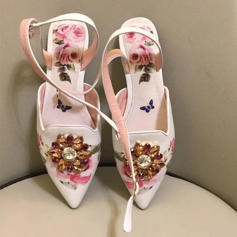 2019 Último Diseñador De Piedras Preciosas Plano De La Flor De Impresión De Dedo Del Pie Puntiagudo Zapatos De Cuero Casual Pisos De Las Mujeres 1
