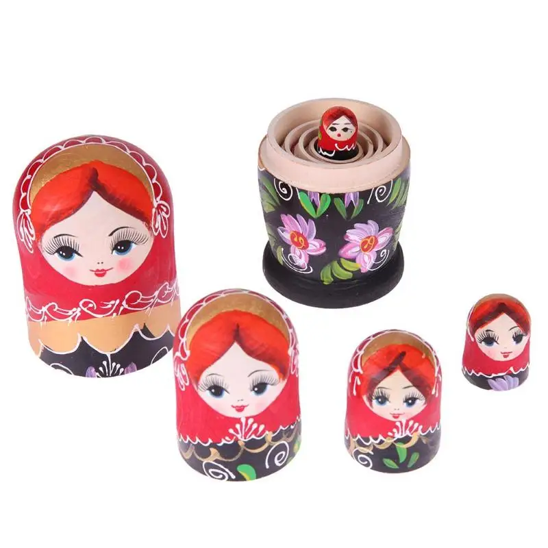 5pcs/Set Negro Rojo Chica rusa de Matryoshka Muñecas Conjunto de Juguete de Madera, Muñecas de Anidación Mejor regalo de Cumpleaños de Navidad Manualidades Juguetes de Regalo para los Niños 1