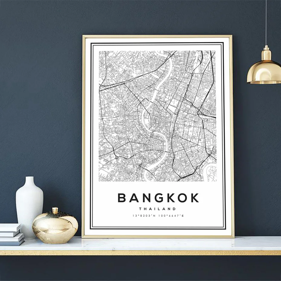En Blanco y negro Bangkok Mapa Nórdicos Tailandia Mapa de la Ciudad de Arte de Pared con Fotografías Impresas Carteles y Grabados para la Sala de estar Decoración para el Hogar 1