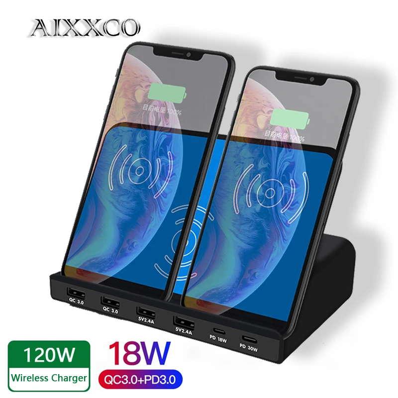 AIXXCO 120W Cargador USB Dual PD QC3.0 Cargador Rápido de 6 Puertos USB Adaptador Inalámbrico de 10W de Carga Rápida de la Estación de 1