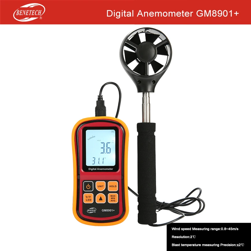Medidor de viento de aire medidor de velocidad del Anemómetro GM8901 además de Benetech 1