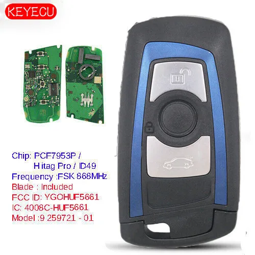 Keyecu Azul Llavero Remoto de 3 botones 868MHz PCF7953 para BMW F Chasis FEM / BDC CAS4 CAS4+ 1