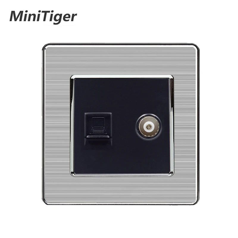 Minitiger 2Gang RJ45 de Datos de Internet de la Computadora Jack CAT5E Con Conector Hembra Toma de TV Acero Inoxidable Cepillado Panel de Enchufe de Pared 1