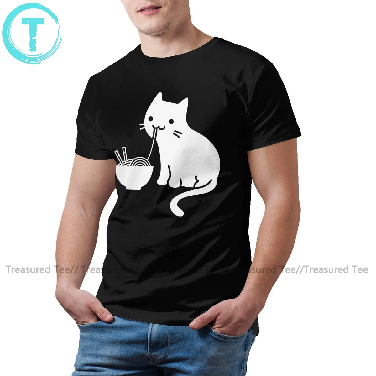 Japón Gato Camiseta Lindo Gato Comiendo Ramen T-Shirt Graphic Casual de la Camiseta de Algodón de la Diversión Masculina 3xl Camiseta 1