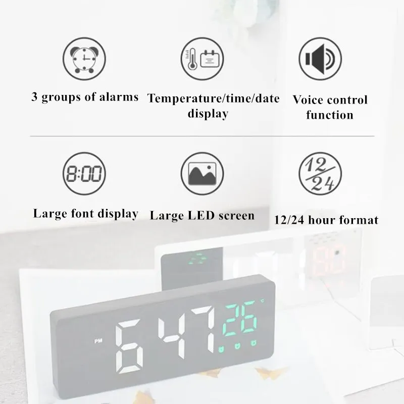 Reloj despertador Digital de Voz de Control de Tiempo de Repetición de la Pantalla de Temperatura De 3 Alarmas de Reloj Despertador Espejo Reloj LED con Cable USB 1