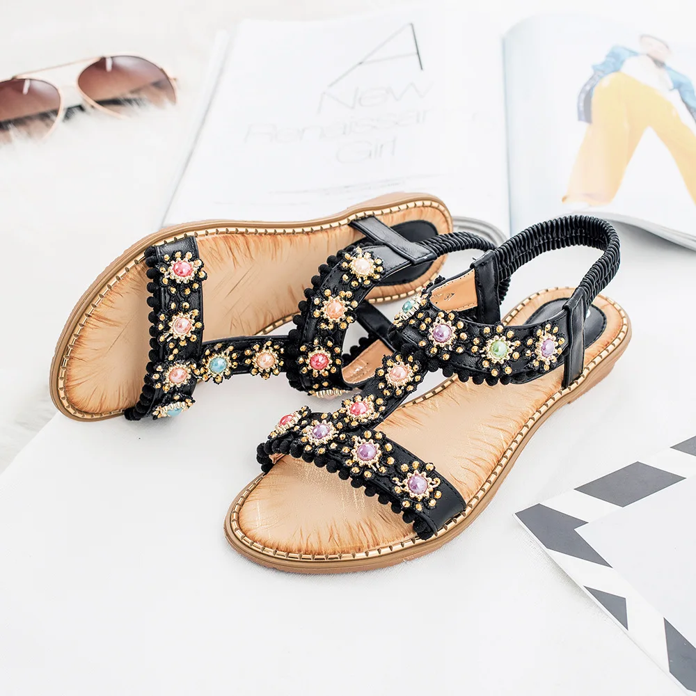 Gykaeo Bohemio Estilo Casual de las Mujeres Sandalias de 2020 la Moda Femenina Dedo del pie Redondo de Cristal de Fondo Plano Zapatos de Playa de las Mujeres Sandalias de Verano 1