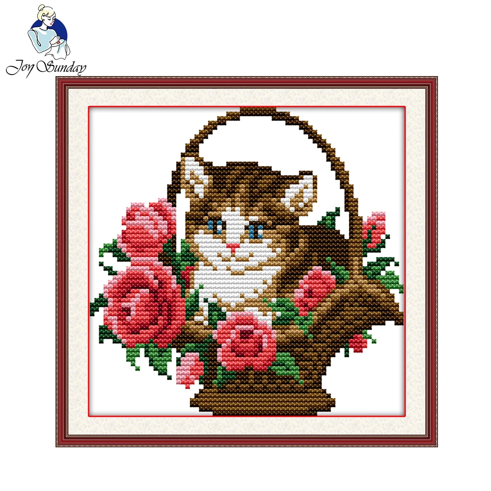 La alegría del domingo cesta de la Flor con el gato Contado Impreso en lienzo 11CT 14CT de punto de Cruz kit de costura Conjuntos de BRICOLAJE bordado 1