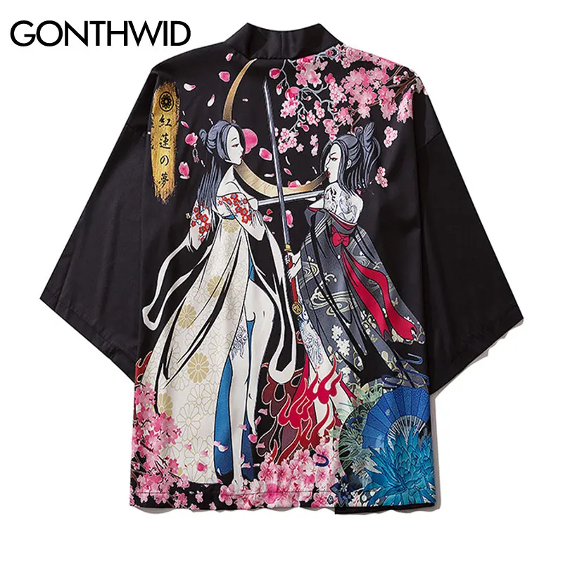 GONTHWID Chicas Japonesas Flores de Cerezo de Impresión Kimono Chaqueta Chaquetas de Ropa de Hip Hop Casual Frente Abierto Abrigos Camisas Tops Hombres 1