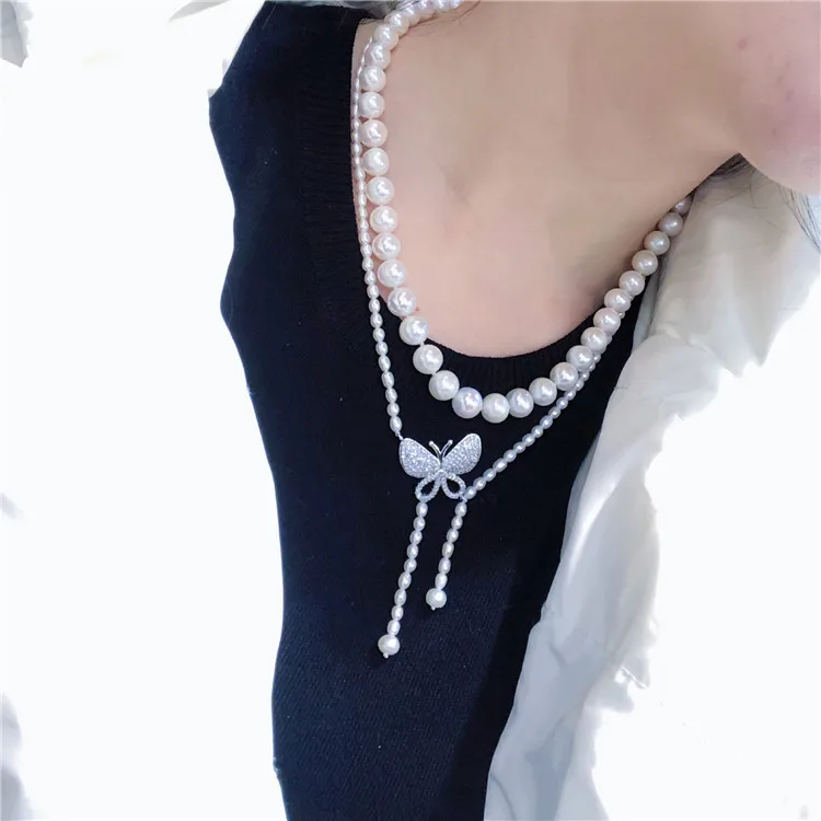 Anudado a mano natural 2rows blanco de agua dulce de la perla de la mariposa de los accesorios del collar de la joyería de la moda 1