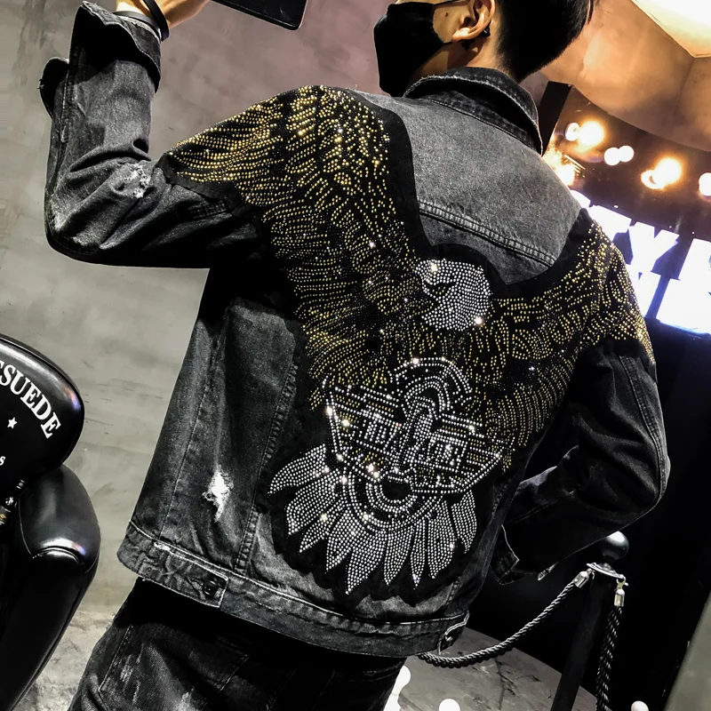 La ropa de calle agujero chaqueta de mezclilla de moda águila parche bordado chaqueta de mezclilla de la marca capa de punk lentejuelas slim negro chaqueta de mezclilla 1
