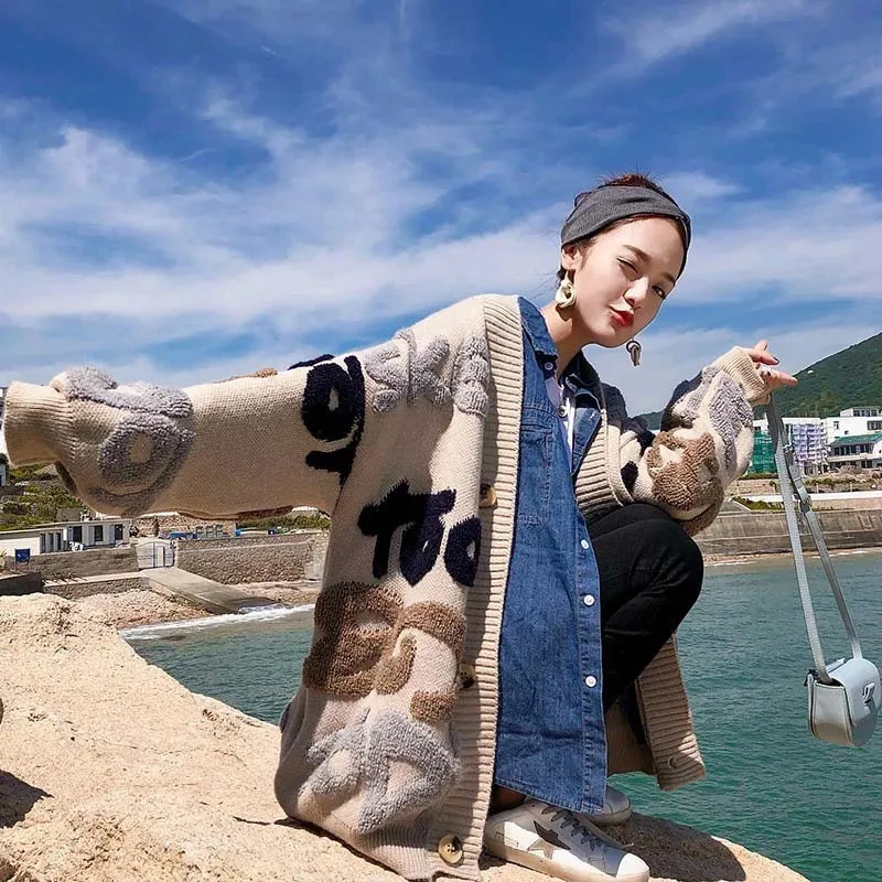 2019 de las Nuevas Mujeres de Otoño/Invierno Abrigo Suelto coreano Chaqueta de Punto las Mujeres de la Carta Larga Suéter de las Mujeres chaquetas de invierno mujer 2019 1