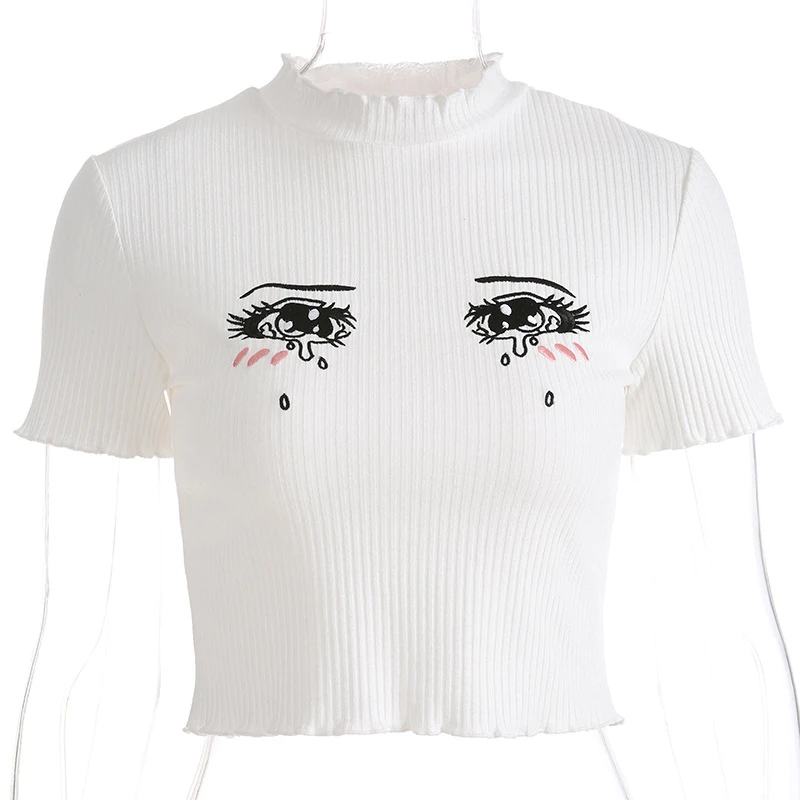Hirigin de las Nuevas Mujeres de Camisetas Blancas de Verano Slim Acanalado 'Crop Tops' las Lágrimas del Ojo de Impresión de Camisetas Casual de Manga Corta O-Cuello de camisetas para las Mujeres 1