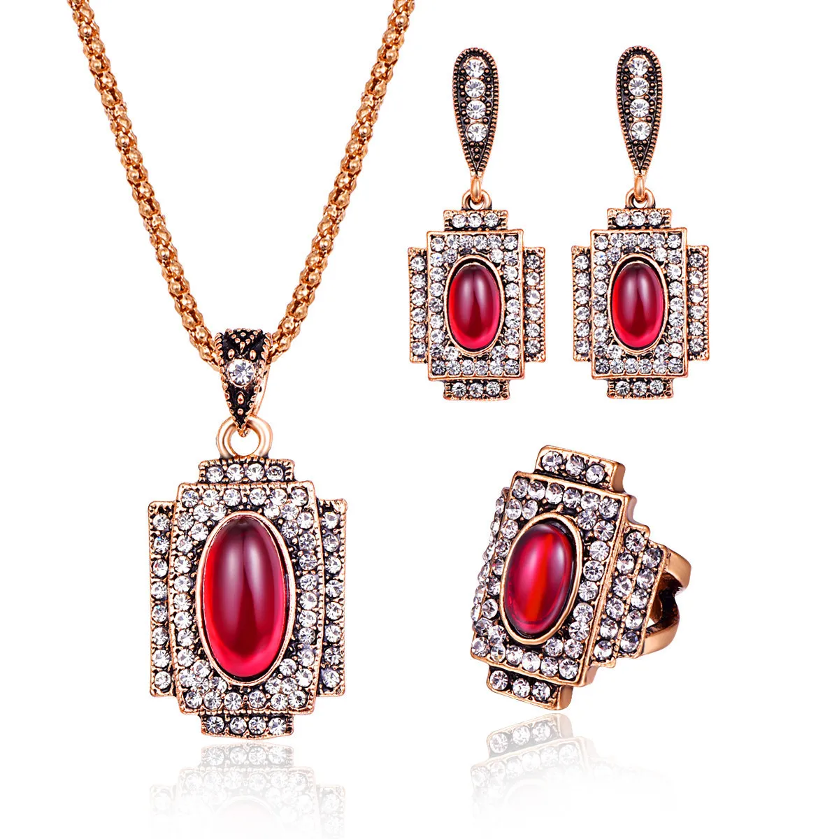 CASHOU35 Rojo de cristal de la moda de sistema de la joyería de circón de tres piezas anillo del collar del collar de los pendientes de la joyería conjunto 1