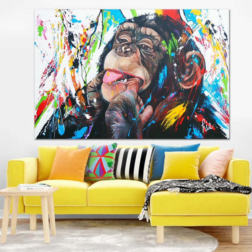 Resumen handpaint impresión en lienzo impreso orangután animal de arte de pared de cuadros modernos de dormitorio, habitación de los niños decoración de impresiones de la lona 1