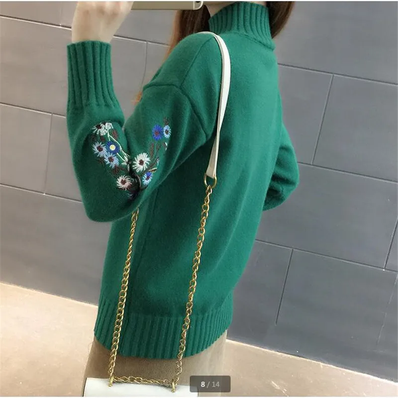 De alta calidad de las mujeres de la moda de 2018 Cuello alto suéter de las mujeres top de mujer de manga larga caliente suéteres Bordados de Punto de jersey B3965 1