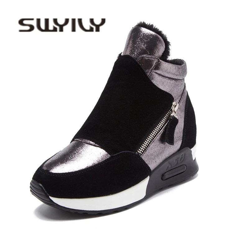 SWYIVY Mujer Invierno Zapatillas de deporte de la Plataforma de 2018 Otoño Invierno Cálido Terciopelo de Algodón Acolchado Zapatos de Cuña de Altas Zapatillas de deporte de Ocio 1