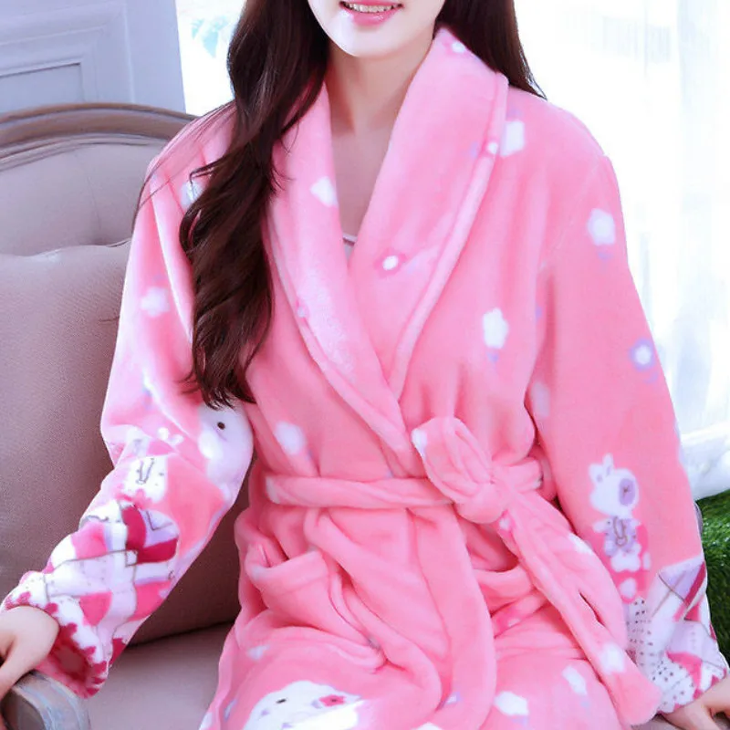 La mujer Túnicas de Franela de Manga Larga Engrosamiento de la Mujer coreana de Estilo de impresión Elegante Hogar Cálido de Larga Bata de baño Más del Tamaño 2XL Sencillo Nuevo 1