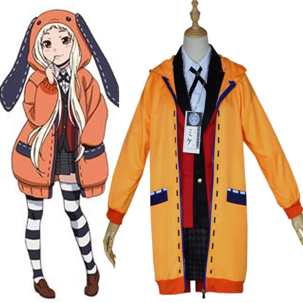 Anime Kakegurui Traje de Cosplay Jugador Compulsivo Runa Yomotsuki Sudadera con capucha de las Mujeres de las Niñas Abrigo Chaqueta Naranja con Calcetines cosplay Pelucas 1