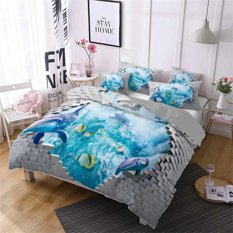 HELENGILI 3D juego de Cama de los Delfines de Impresión Cubierta de Edredón Conjunto de Ropa de cama con funda de Almohada de Cama Conjunto de Textiles para el Hogar #TA-154 1