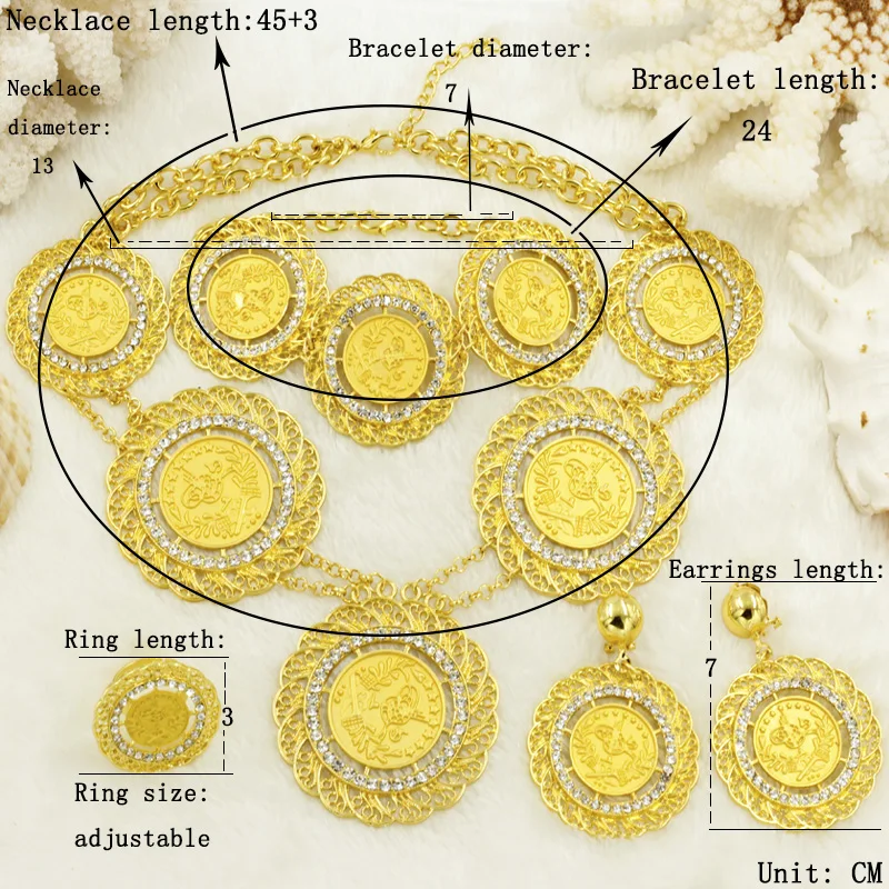 De alta Calidad de Oro de Dubai Conjuntos de Joyas para las Mujeres de la Vendimia de la Boda de la Moneda de Oro Grandes Aretes Collar de Cristal De 24 de Oro de la Joyería Nupcial 1