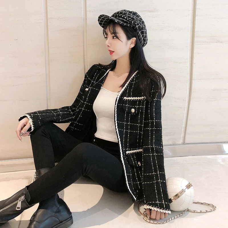 Otoño Invierno Abrigo 2020 de la Moda de la tela Escocesa de las Mujeres Mezclas de Lana Chaqueta de Abrigo de Pecho Solo Tweed Pequeña Fragancia Chaqueta Negro Prendas de vestir exteriores 1