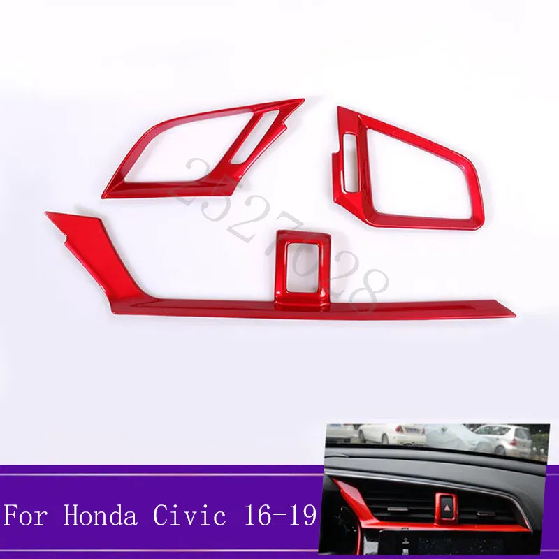 3Pcs Rojo ABS Interior del Coche Dashboard de Aire de Ventilación de la Cubierta del Marco de Recorte Automático de los Accesorios internos del Ajuste Para Honda Civic 10 2016-2018 2019 1