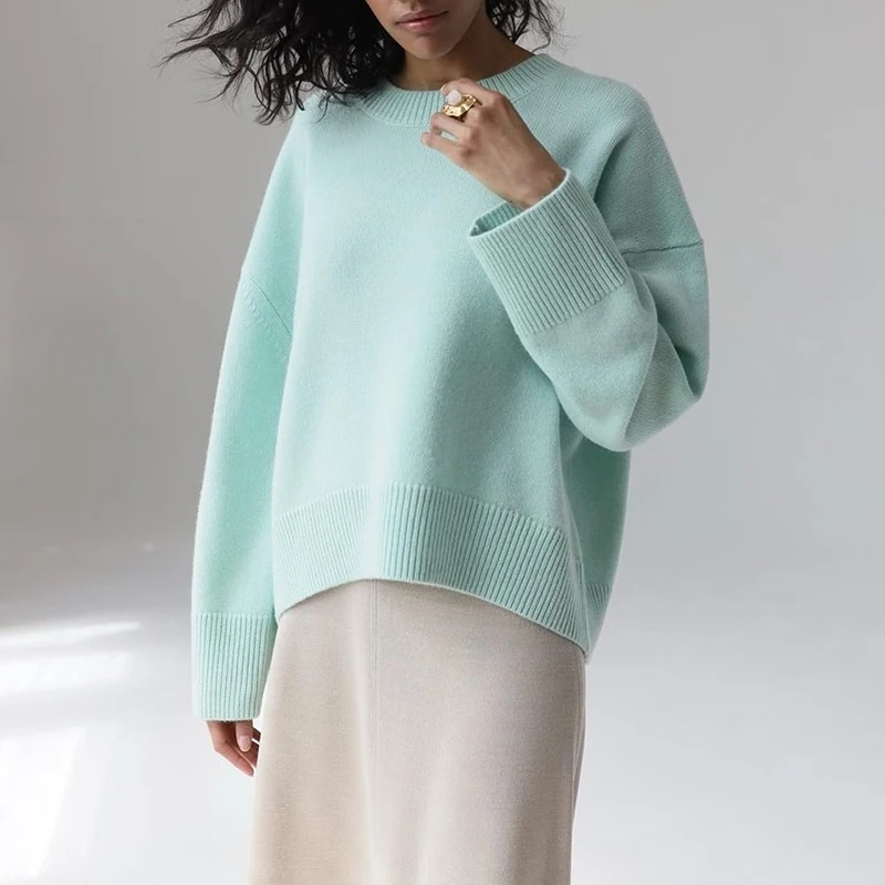 Mujer de los suéteres de invierno 2020 color Puro de la moda de punto casual cálido cuello redondo jersey ropa de manga larga superior 1