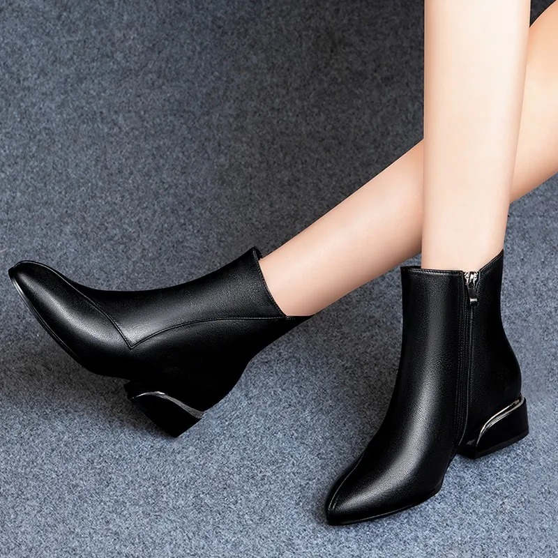 2020 de Invierno de las Mujeres de Tobillo Botas Negro Zapatos de Señora de la Oficina Señaló a Mediados de los Tacones de las Botas de Felpa Caliente botas mujer Otoño Primavera 8746C 1