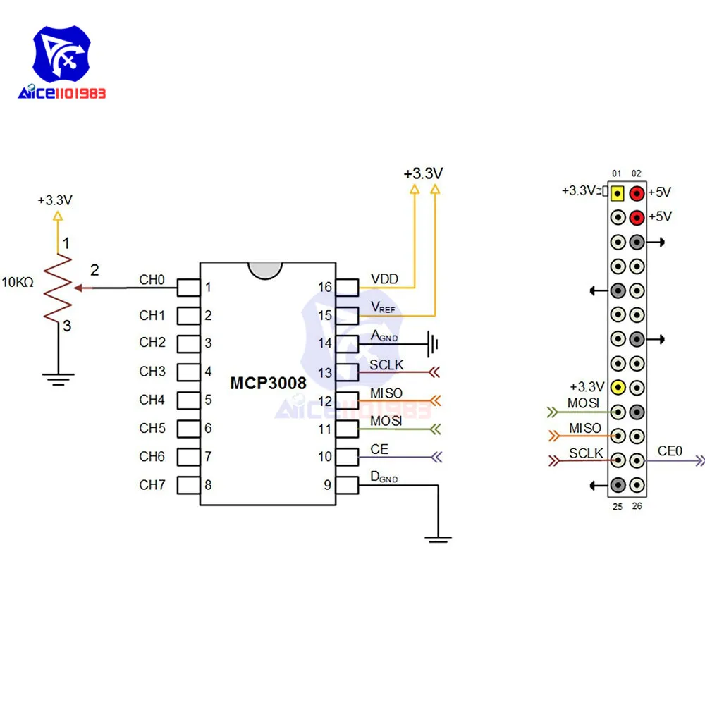 5PCS/Lot Chip IC MCP3008-I/P MCP3008 8-Canal 10-Bit a/D Convertidores de SPI DIP16 Original Circuito Integrado para Respberry Pi 1