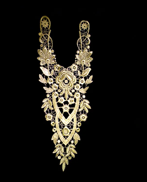 Bordado en oro Poliéster Apliques Parches de Flores con adornos de Encaje Escote de Cuello de Venise Tela de Costura DIY Craft 1