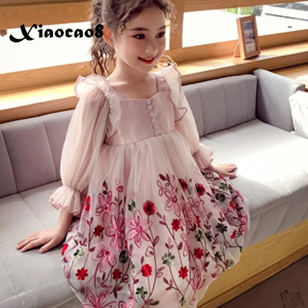 2020 de las Niñas Vestido de Verano de Niños Llenos Bordado Vestido de Princesa de Chidlren Blanco Rosa O Cuello de Malla de Vestidos para Niñas Ropa de Niño 1