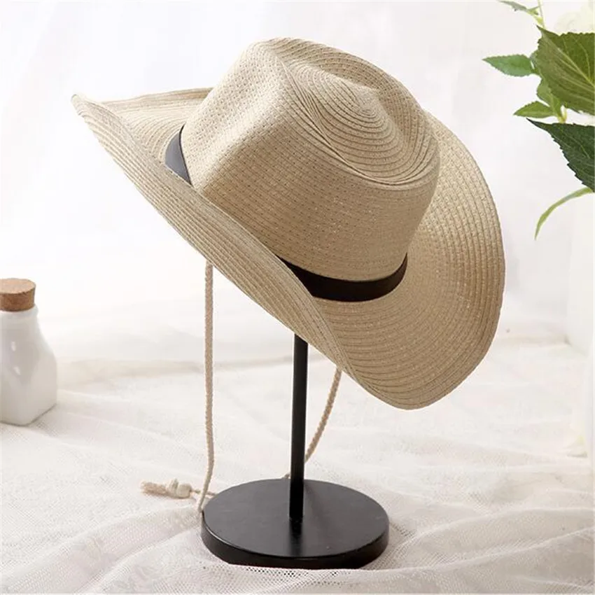 Paja Sombrero de Vaquero para Hombres de Verano Occidental Sombreros Adultos Fresco Panamá Sombrero de Sol de las Mujeres con la Correa de la Playa de Cap con cadena Sombrero de Vaquera 1