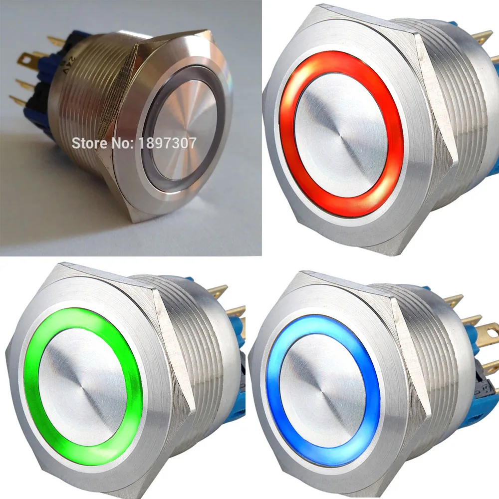 22mm Momentáneo o de enganche de 6V 12V 24V Tri-color (ROJO/ VERDE/ AZUL) del anillo del LED LED Reset de Metal Eléctrico interruptor de botón CE, ROHS 1
