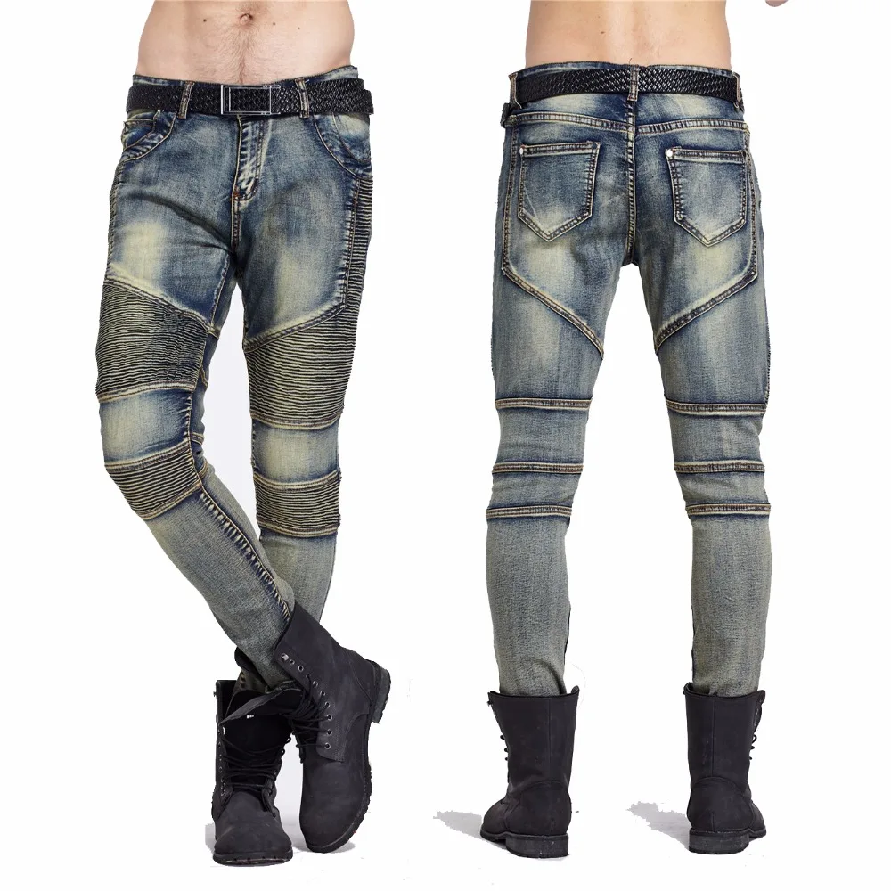 Moomphya Mens pantalones vaqueros Flacos, hombres de la Pista Angustiado slim elástico de los pantalones vaqueros de mezclilla jeans Biker de hip hop pantalones Lavados Plisado jeans azul 1