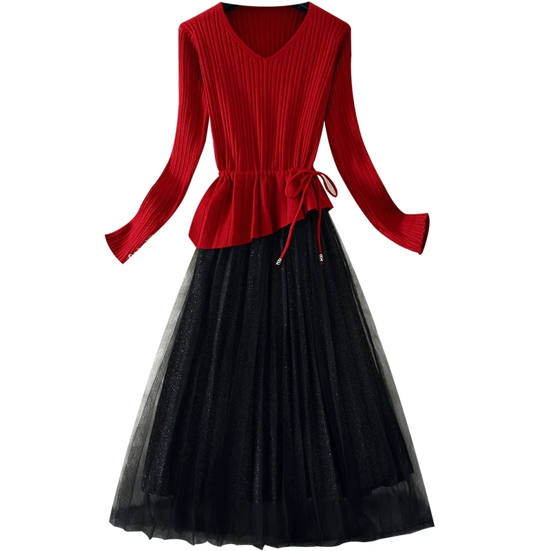 Otoño Invierno Vestido de 2020 las Mujeres de Cordón V-cuello de Malla de punto de Encaje Rojo de Manga Larga Delgada de Largo Midi Plisada Vestido de Primavera 1