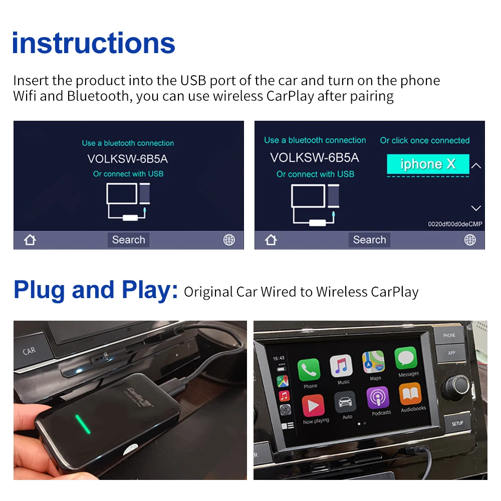 Carlinkit 2.0 Para Apple CarPlay Dongle Cableado a Inalámbrico Activador para Audi, Porsche, VW, USB Carplay 2 Aire Plug and Play 1