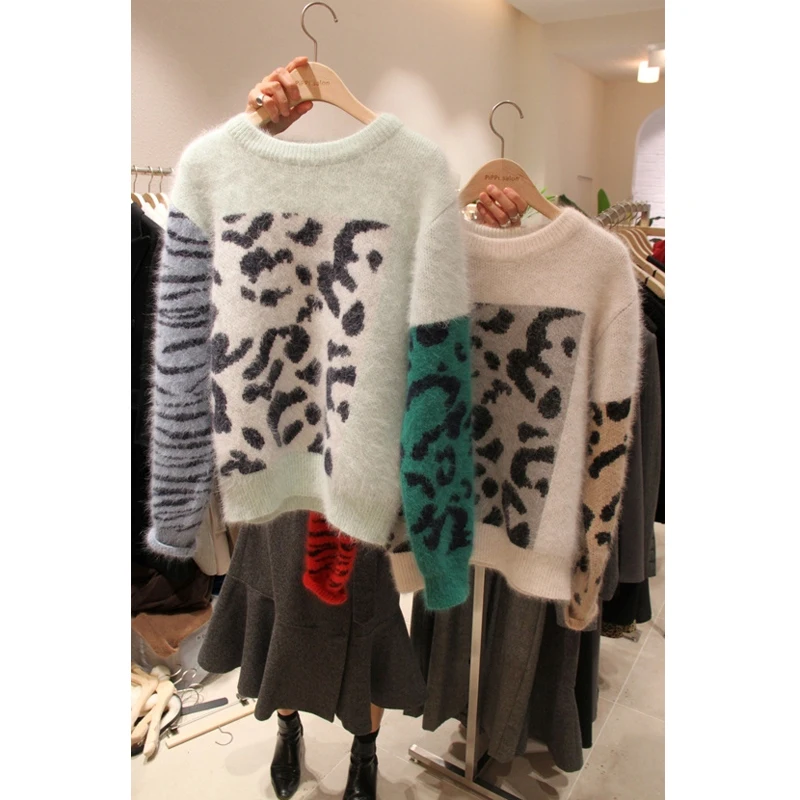 Las mujeres Suéter Casual Otoño Invierno 2020 coreano Estilo Vintage Leopard Cachemira Caliente Suéteres Costuras de Color de manga Larga Tops 1