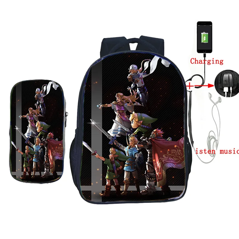 La Leyenda de Zelda de Carga USB 2Pcs/Juegos Portátil Mochila de la Escuela para los Adolescentes Varones de la Moda de Viaje, Mochila con la caja de Lápiz 1
