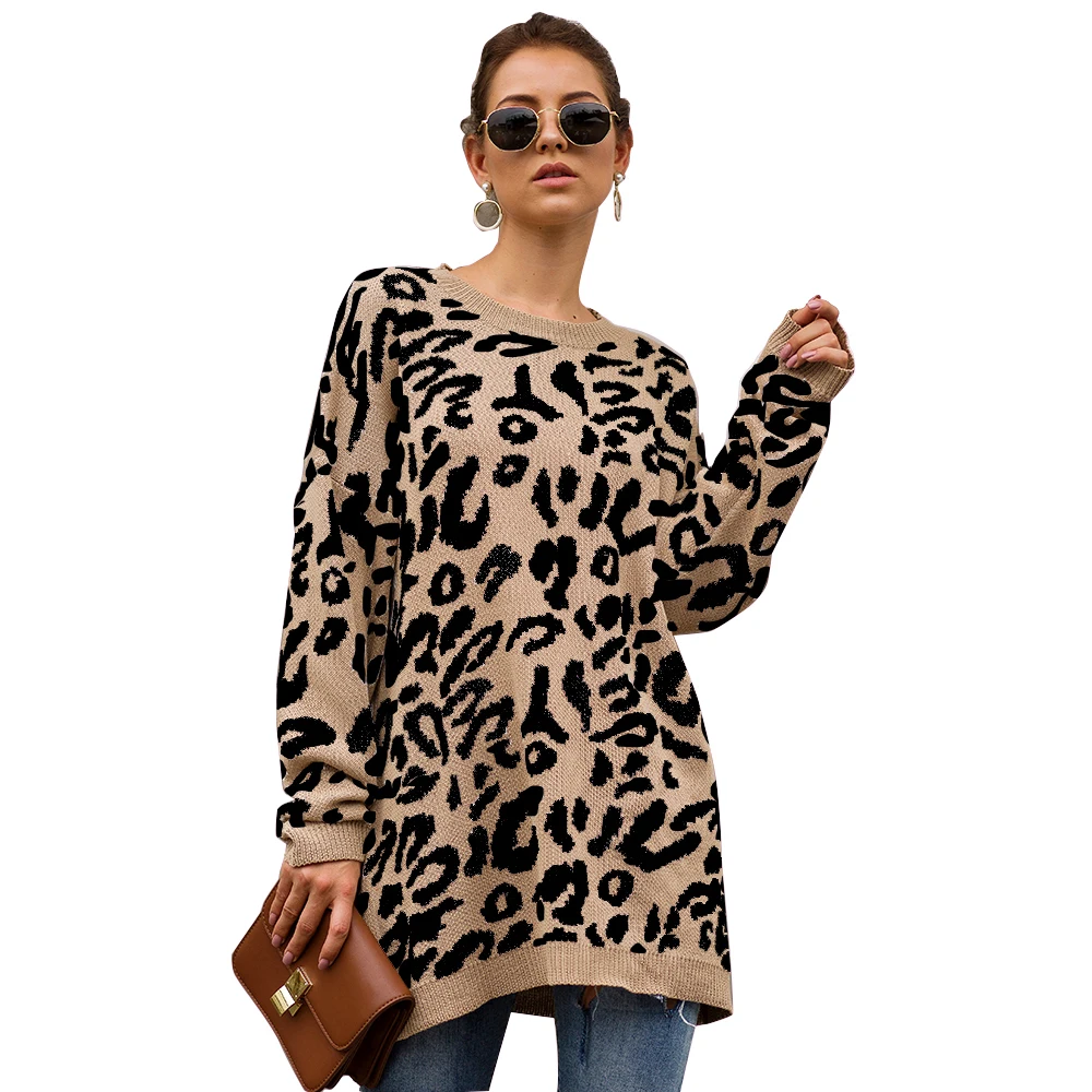 Adogirl patrón de leopardo o de cuello suelto mujeres suéteres de punto otoño grueso suéter largo mujer invierno 2019 80-100 cm suéter de lana 2
