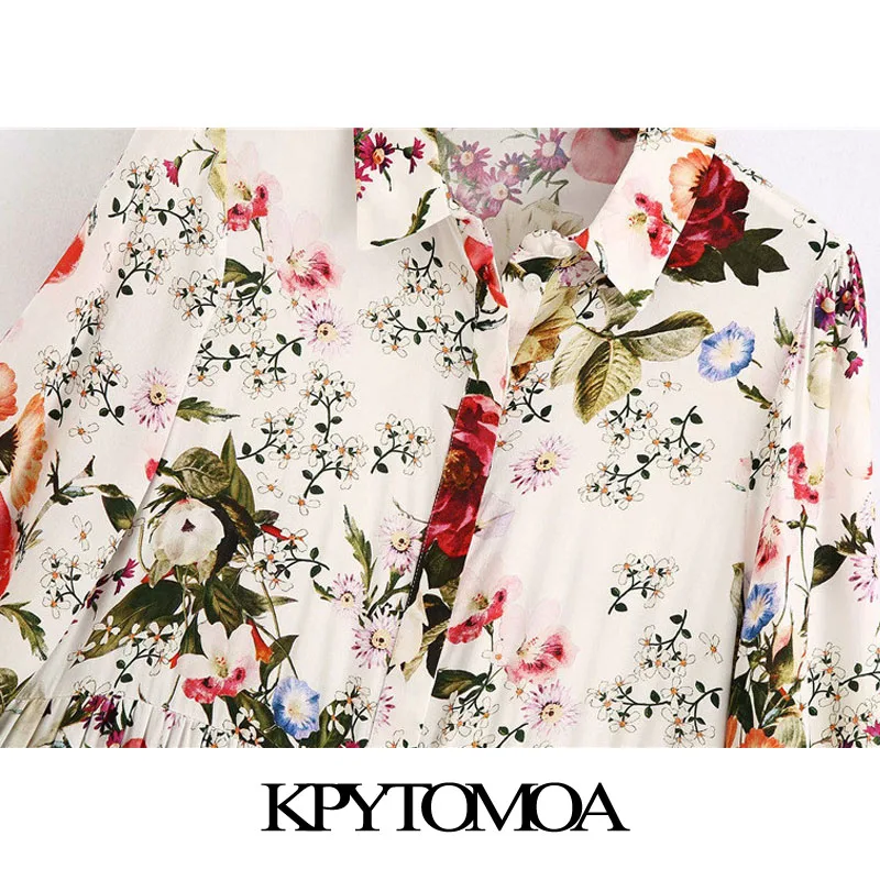 KPYTOMOA Mujeres 2020 Chic de la Moda de la Impresión Floral con Volantes Vestido Midi Vintage con Cuello de Solapa de Tres Cuartos de la Manga de la Mujer Vestidos de Mujer 2