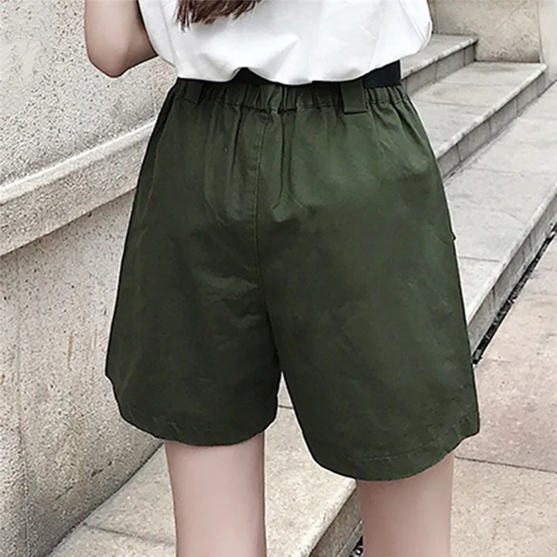 Altura de la Cintura Ancho de Pierna de Carga de las Mujeres Shorts Vintage Fajas Sólida de color Caqui Bolsillo de la Mujer pantalones Cortos de 2020 Moda de Verano NUEVA Ropa Casual 2