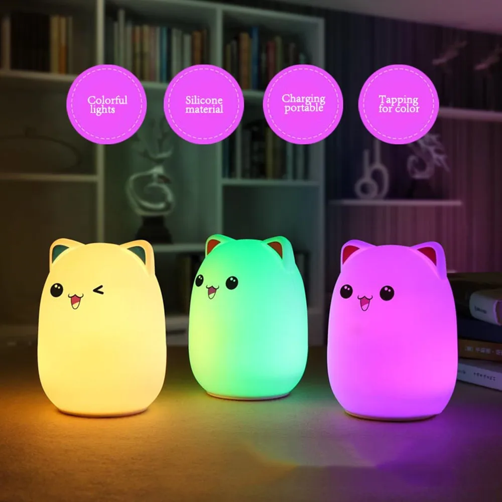 Gato de Noche LED Luz Lámpara Táctil de Control Remoto Colorido USB Recargable de dibujos animados de Silicona Lámpara de la Mesita para niños Niños Bebé 2