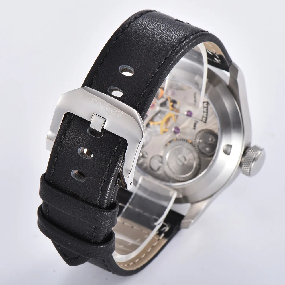 Parnis 46mm Mecánicos Mano de Viento Reloj de los Hombres de Negro Dial Reloj Luminoso Impermeable de Cuero Correa de reloj de Pulsera de los Hombres 2