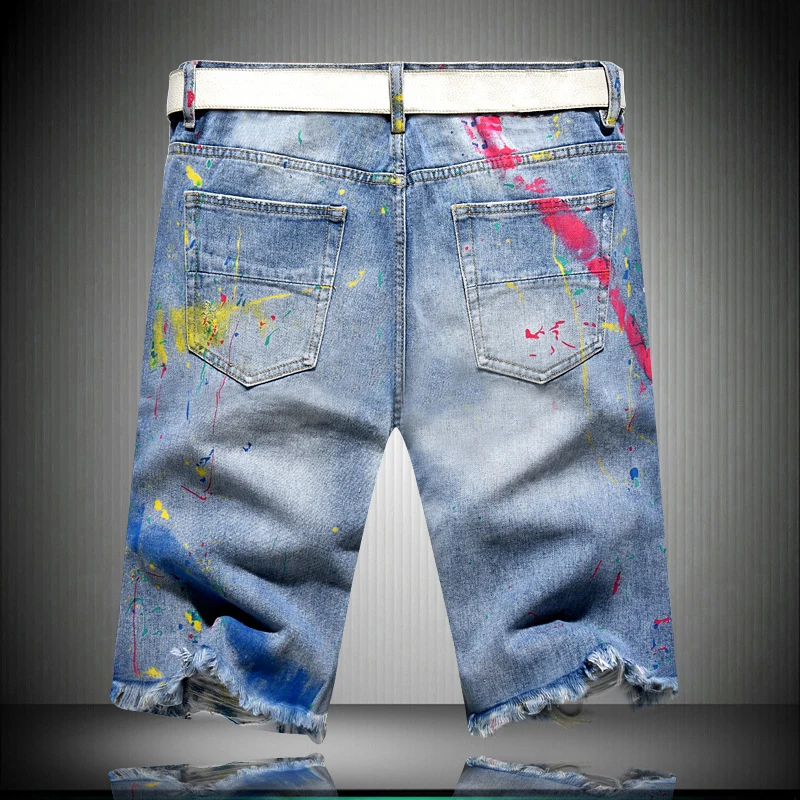 Sokotoo Hombres pintados agujeros rasgados cortos de mezclilla de Verano longitud de la rodilla de la calle angustiado destruido fringe mendigo jeans 2