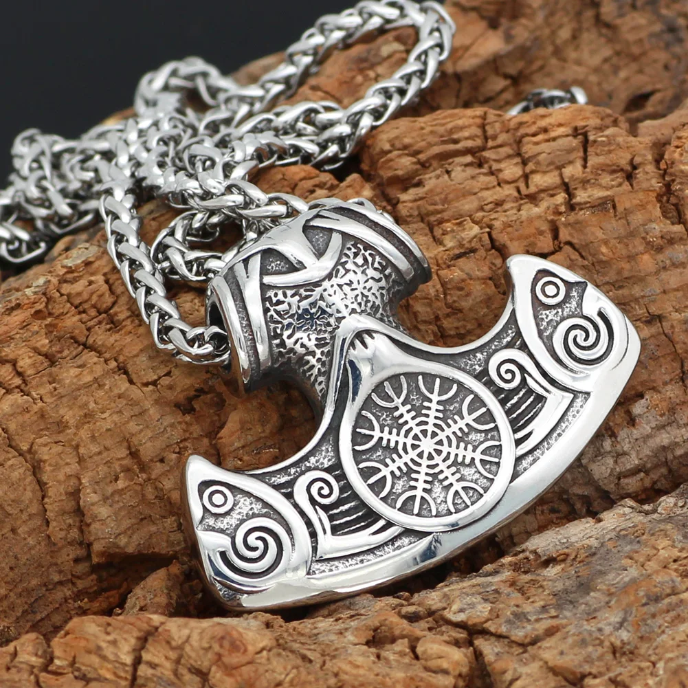 Los hombres de acero inoxidable mamen viking vegvisir amuleto hacha colgante, collar 2