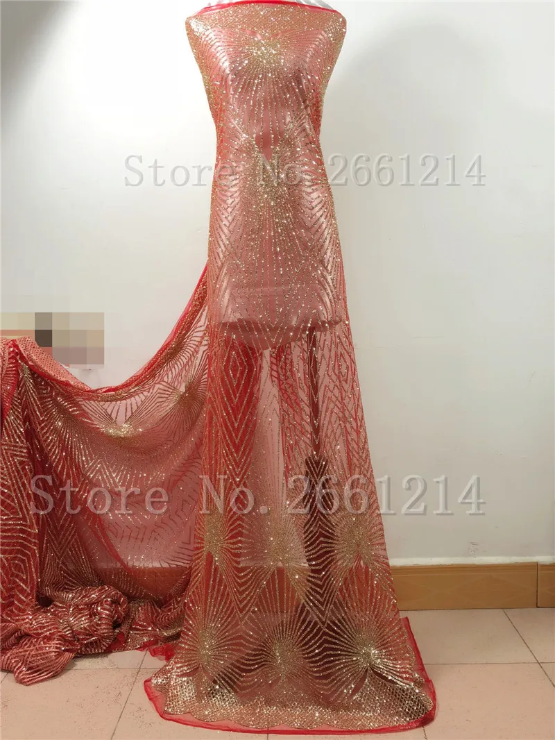 De color oro glitter rojo malla especial de la mano de impresión pegado brillo de la tela de encaje bordado del cordón para el vestido de noche 2