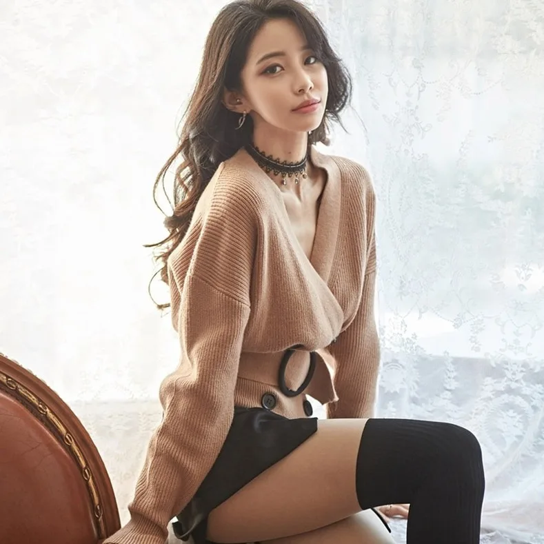 2020Autumn/invierno Nuevo coreano de los géneros de punto de las mujeres de manga larga chaqueta de la cintura con cordones suéter de pelo corto 2