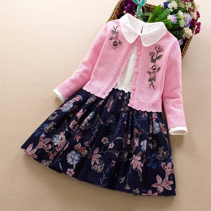 Los niños de las Niñas conjunto de Ropa de 2019 otoño invierno nueva niña bordado de algodón suéter de la capa+vestido de 2Pcs niña de la princesa de la ropa 2